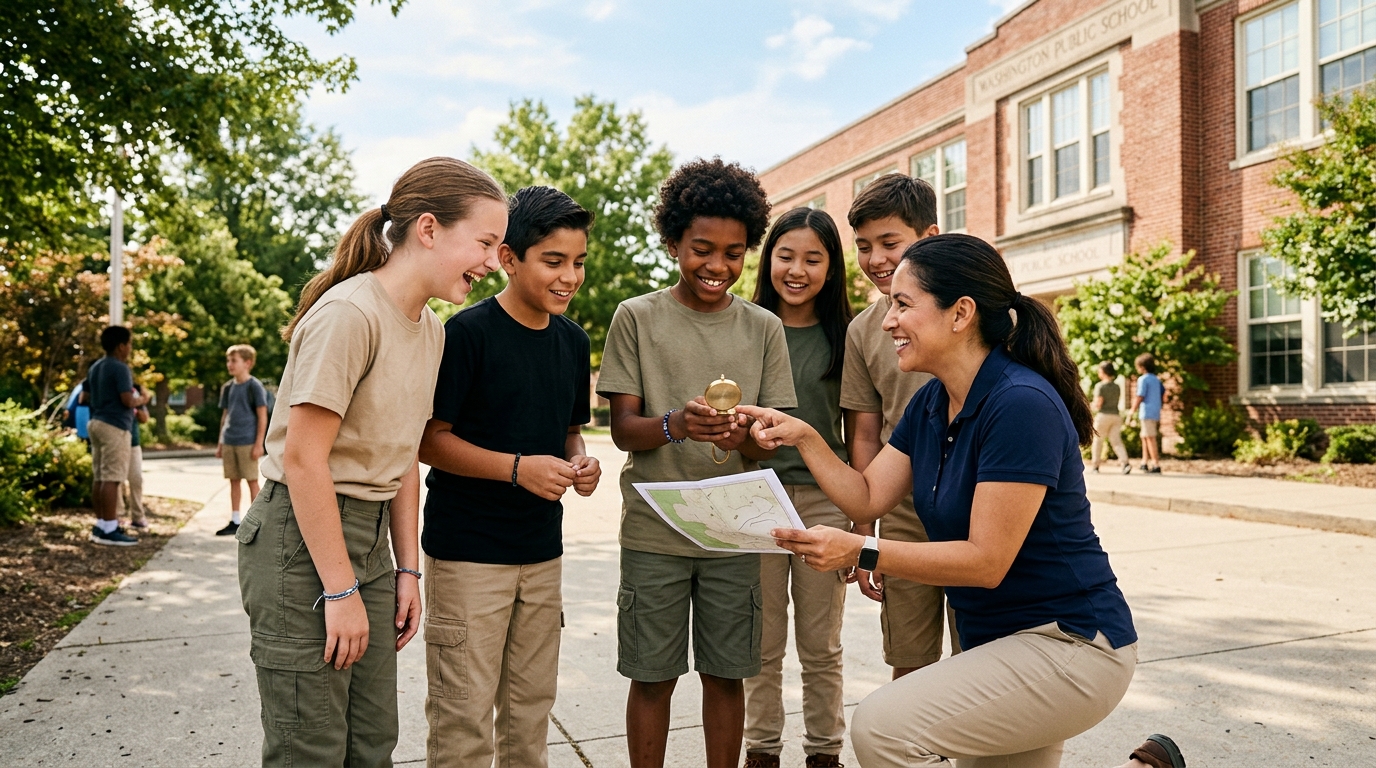 Students and a Scouting mentor with a map and compass outside an Ohio public school