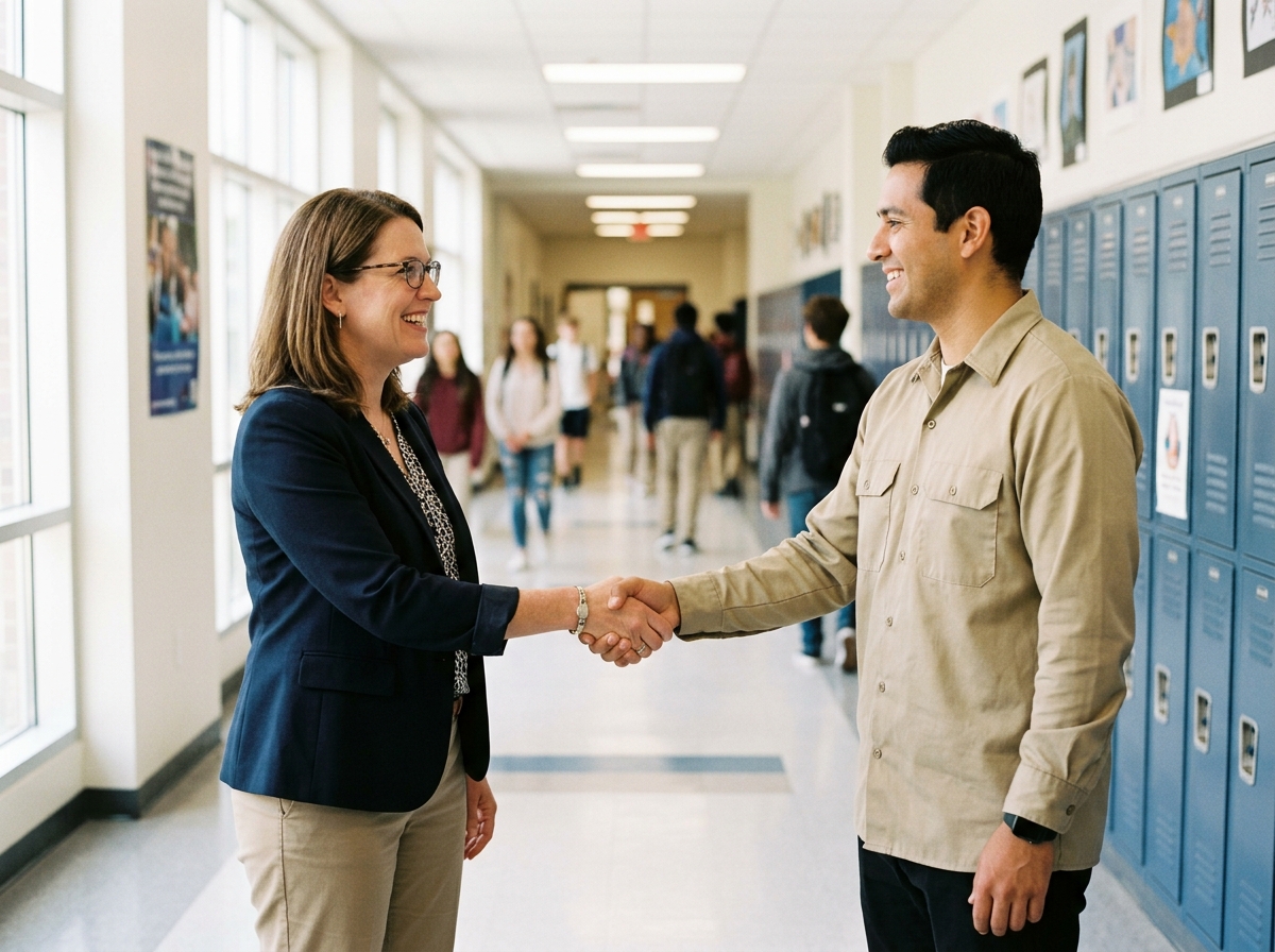 A school principal and a Scouting volunteer shaking hands in a school hallway