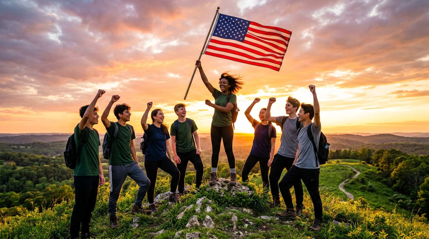 Youth raising an American flag on an Ohio hilltop at sunset