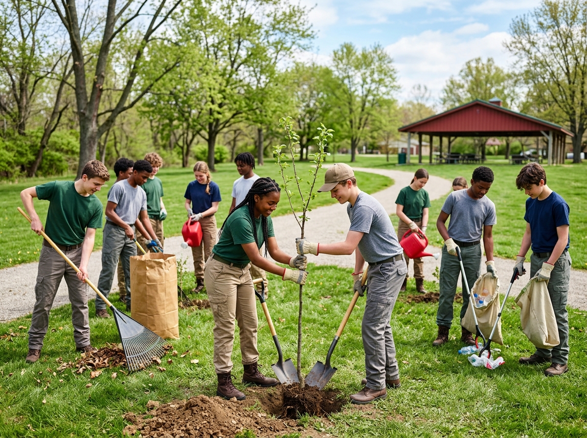 Ohio youth planting a tree together during a community service project